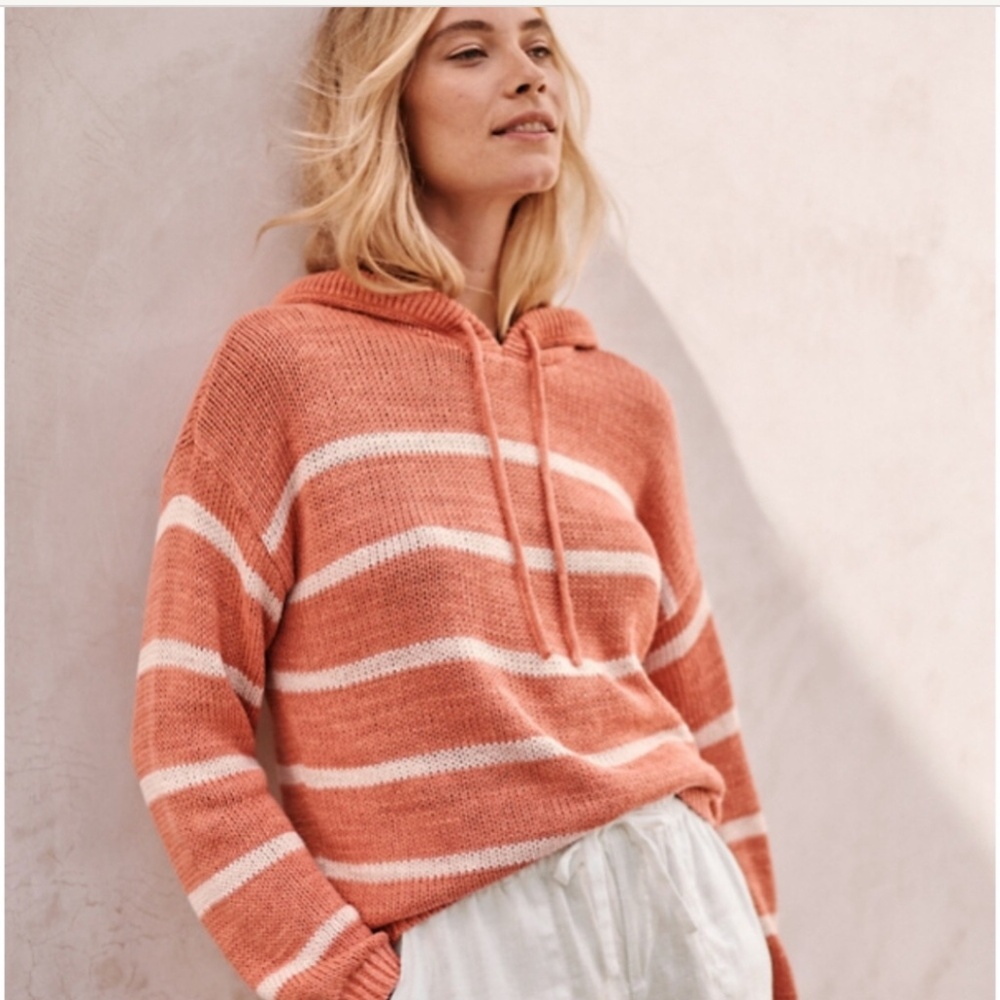 NWOT Garnet Hill Coral Cream Striped Hoodie Sweater Sz M